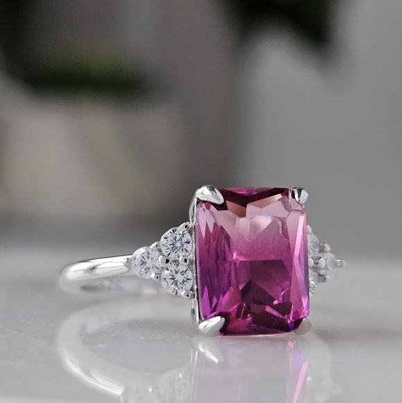 Pink Topaz Radiant Cut Gemstone Ring, 925 Sterling Silver Charmed Aroma - Picture 4 of 6